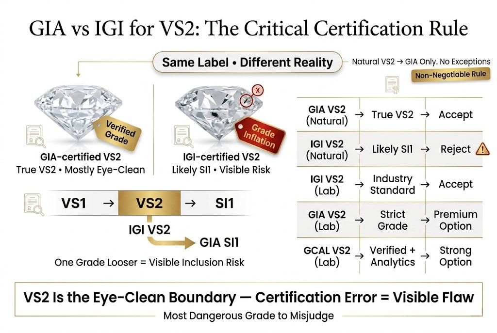 Premium infographic comparing GIA vs IGI certification for VS2 diamonds, showing how IGI VS2 natural stones may actually be SI1 with visible inclusions and emphasizing the rule to only buy GIA-certified natural VS2 diamonds.