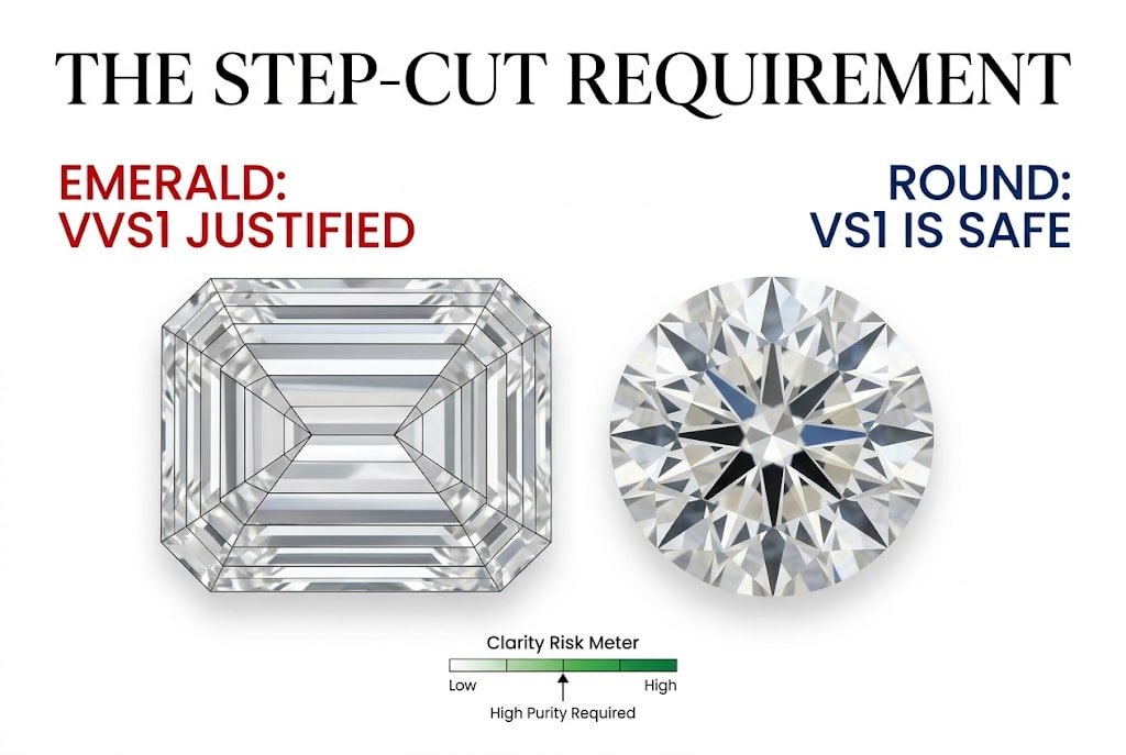 White background visual guide comparing an Emerald cut requiring VVS1 to a Round cut, with Canela typography reading 'The Step-Cut Requirement' for a VVS1 diamond.