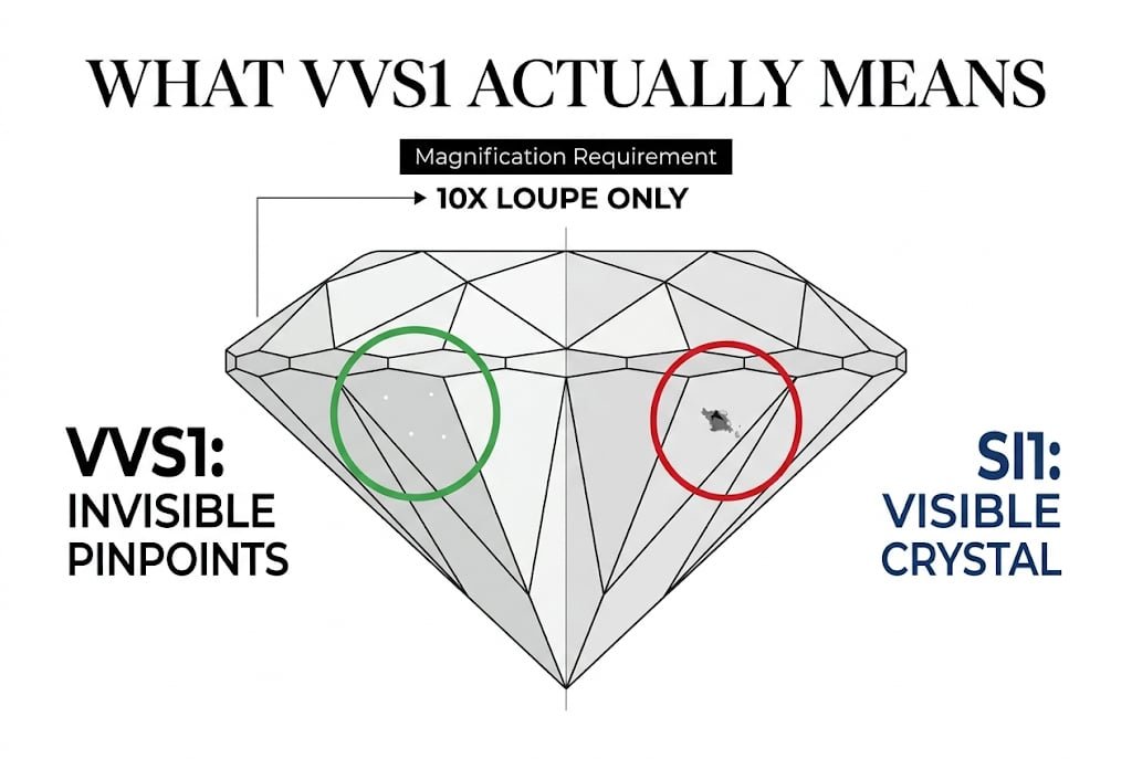 White background visual guide comparing microscopic VVS1 pinpoints to an SI1 crystal, with Canela typography reading 'What VVS1 Actually Means' explaining VVS1 diamond inclusions.