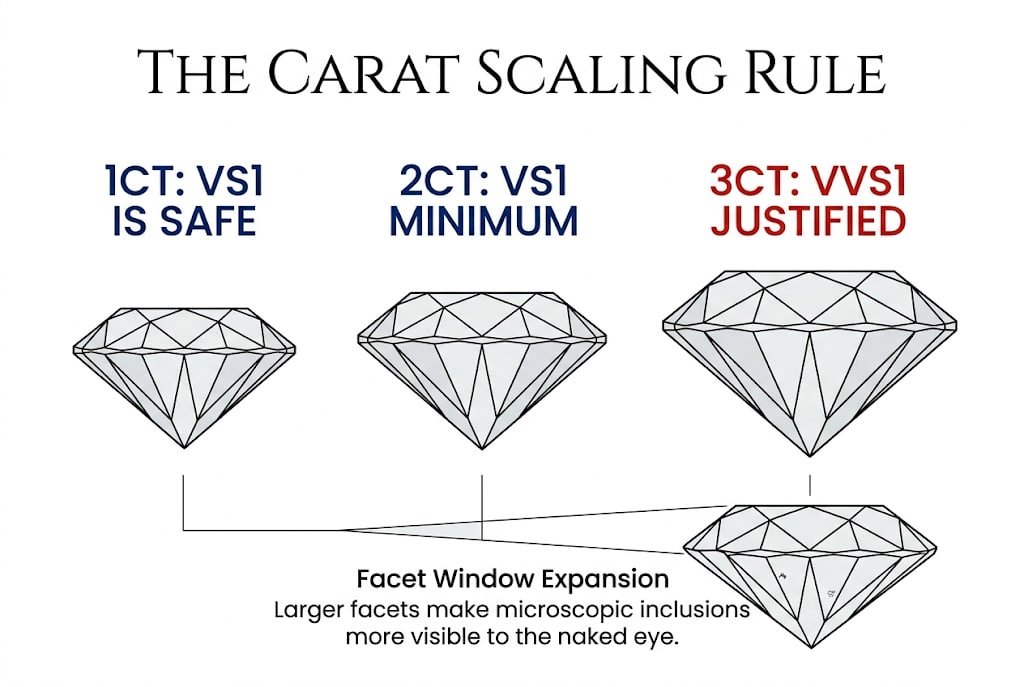 echnical white background illustration showing clarity requirements scaling with carat size, with Canela typography reading 'The Carat Scaling Rule' for VVS1 diamond comparison.