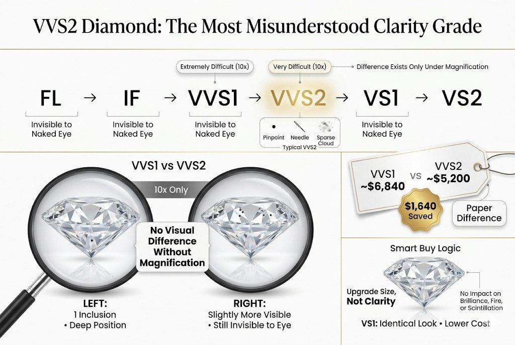 Luxury infographic explaining what a VVS2 diamond is, showing its position on the GIA clarity scale, comparison with VVS1, and highlighting the $1,640 price difference despite no visible change to the naked eye.