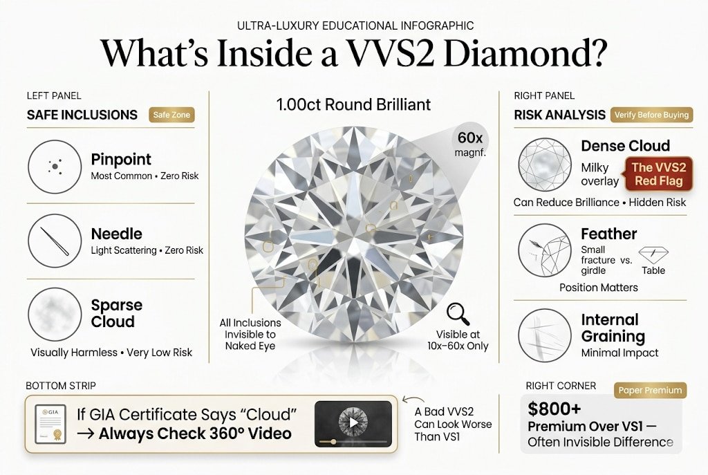 High-end infographic showing the types of inclusions inside a VVS2 diamond, including pinpoint, needle, cloud, feather, and internal graining, highlighting that most are invisible except dense clouds which can reduce brilliance.
