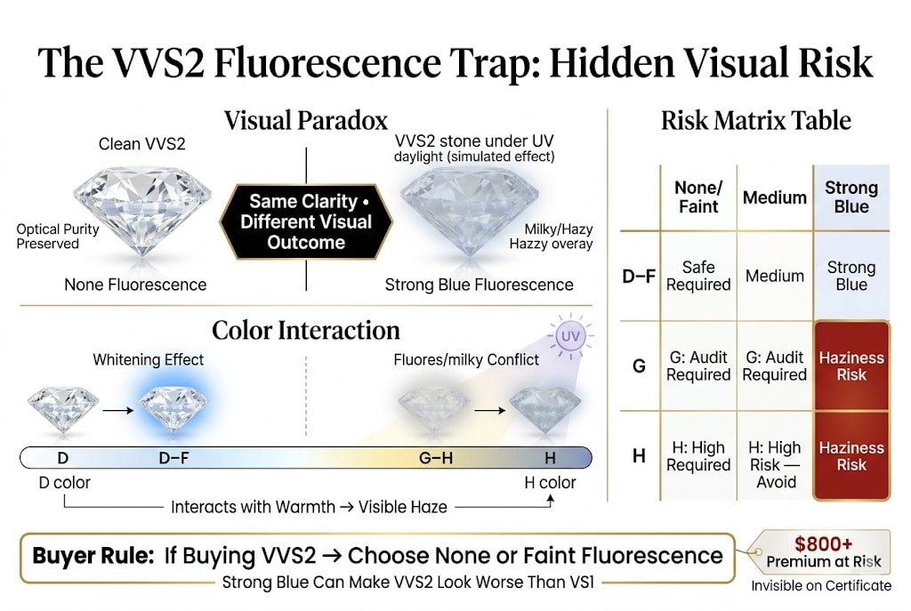 Premium infographic explaining the VVS2 fluorescence trap, showing how strong blue fluorescence can cause hazy or milky appearance in G and H color diamonds despite high clarity, with a risk matrix and buyer guidance.