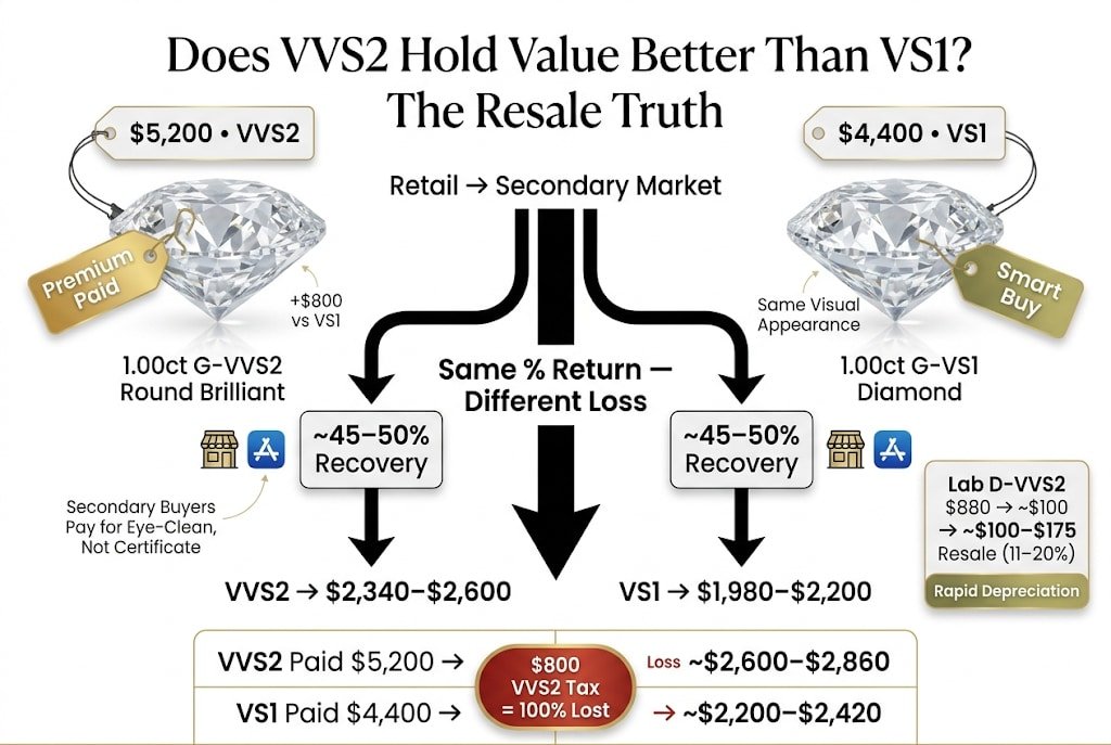 High-end infographic showing that VVS2 diamonds do not hold value better than VS1, with both reselling at 45–50% of retail and the $800 VVS2 premium being completely lost.