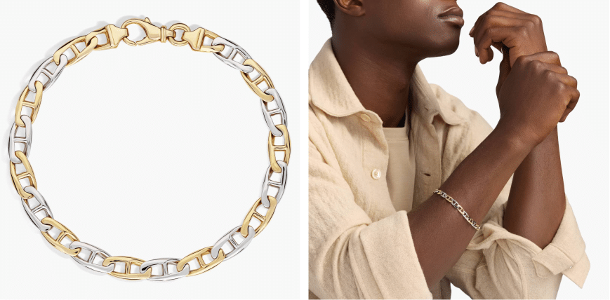 8.5" Men's High Polish Alternating Mariner Link Bracelet in 14k Italian White and Yellow (6.6 mm) Gold (6.5 mm)
