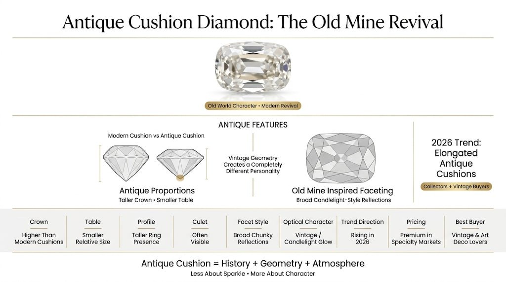 Editorial infographic explaining antique cushion diamonds with an elongated old mine style cushion diamond, side-profile proportion comparison, chunky facet illustration, and vintage-inspired feature breakdown on a white background.