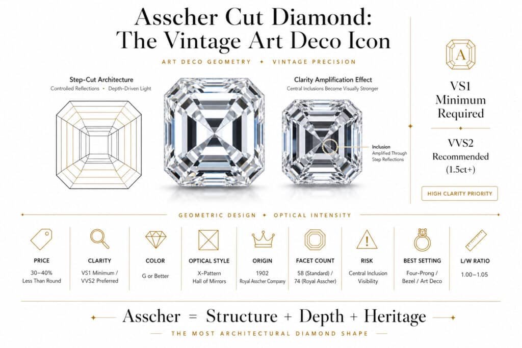 Asscher cut diamond infographic showing square step-cut geometry with X-pattern hall-of-mirrors effect and vintage Art Deco style on white background