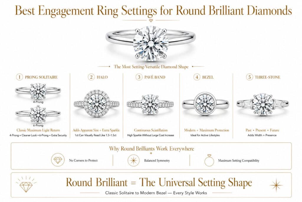 Luxury horizontal infographic showing the best engagement ring settings for round brilliant diamonds including solitaire halo pavé bezel and three stone designs with white background and gold accents