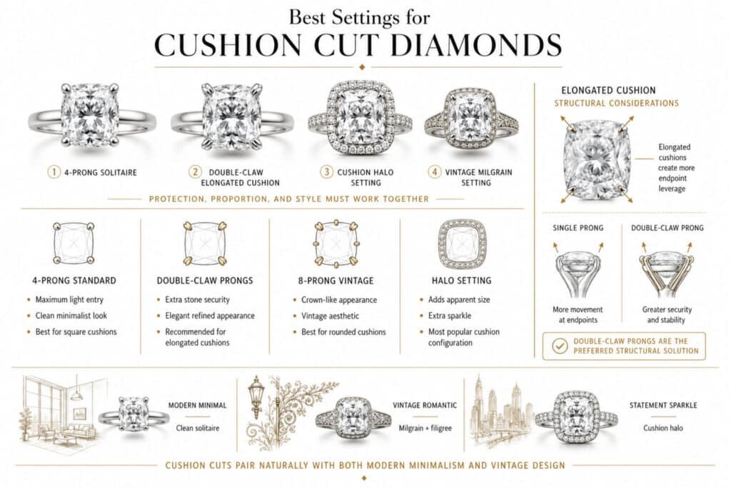 Horizontal infographic showing the best settings for cushion cut diamonds in 2026, featuring 4-prong solitaire, double-claw elongated cushion, halo setting, and vintage milgrain styles with diagrams explaining prong security, elongated cushion leverage, and vintage versus modern setting aesthetics.