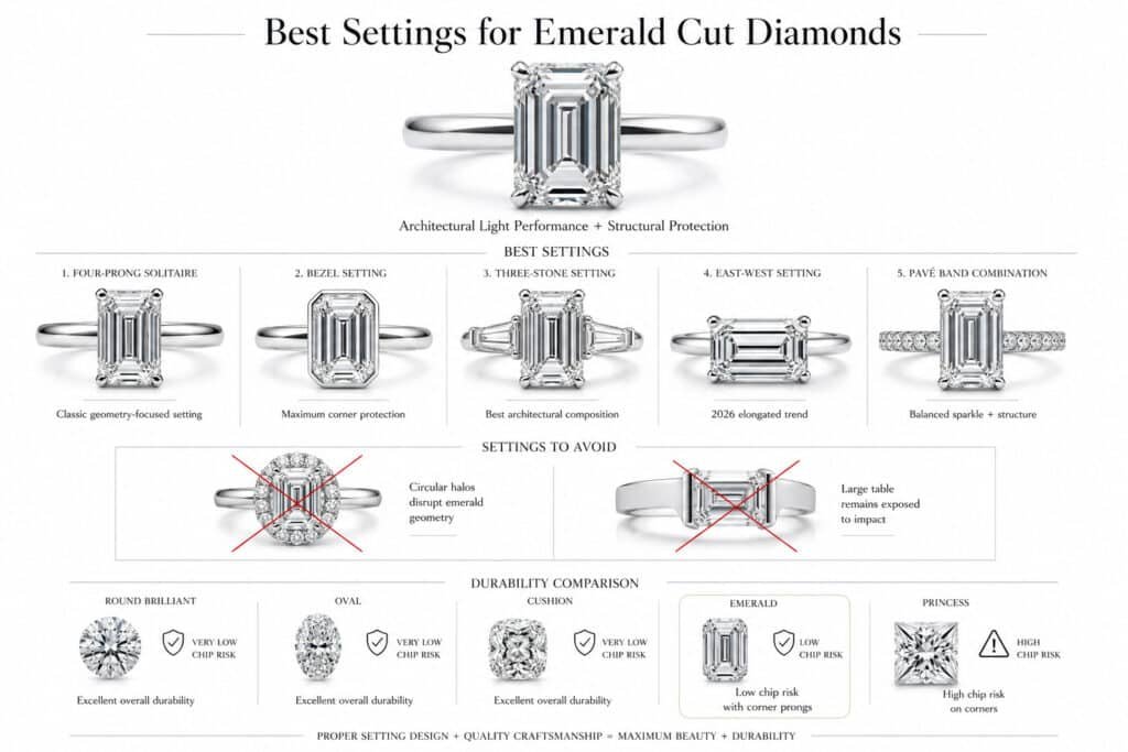 Editorial infographic explaining the best settings for emerald cut diamonds, featuring four-prong solitaire, bezel, three-stone, east-west, and pavé settings with durability comparisons and structural protection analysis on a clean white background.