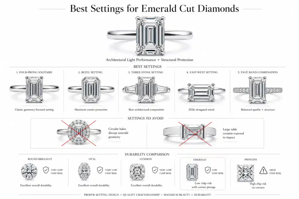 Editorial infographic explaining the best settings for emerald cut diamonds, featuring four-prong solitaire, bezel, three-stone, east-west, and pavé settings with durability comparisons and structural protection analysis on a clean white background.