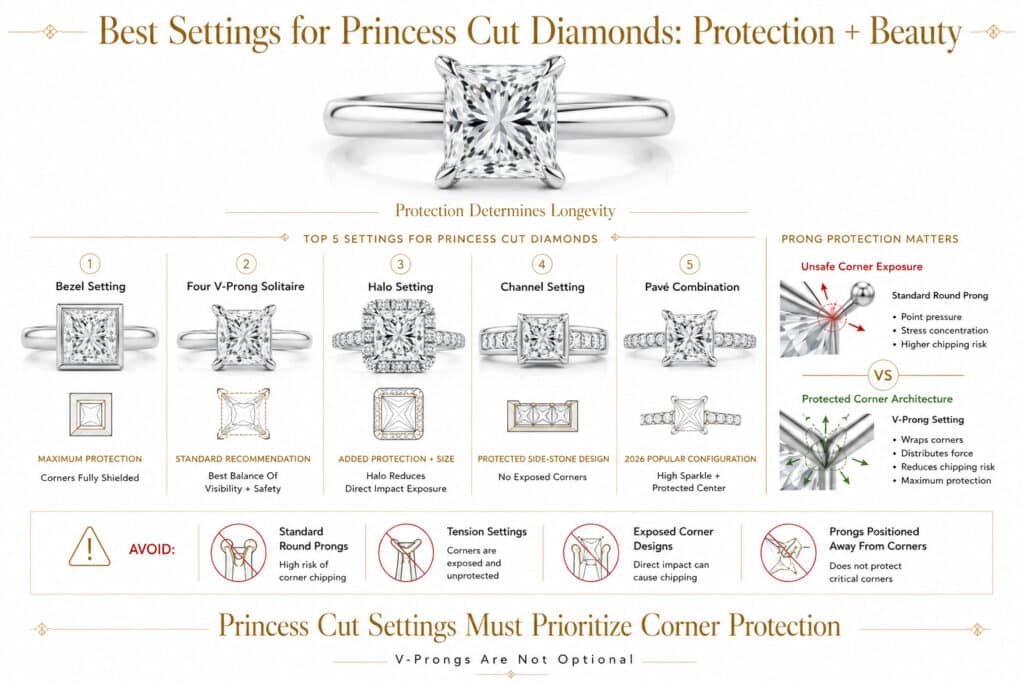 Horizontal editorial infographic showing the best settings for princess cut diamonds including bezel, V-prong, halo, channel, and pavé designs with technical corner protection diagrams on a pure white background.