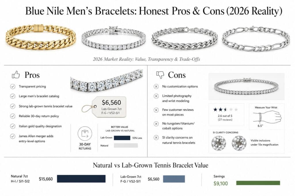 Wide horizontal editorial infographic on a pure white background comparing the pros and cons of Blue Nile men’s bracelets in 2026. The design features realistic gold Cuban links, platinum chain bracelets, silver Figaro chains, and diamond tennis bracelets arranged in a modern masculine jewelry-editorial layout with subtle shadows, thin divider lines, and refined typography. The infographic includes sections highlighting transparent pricing, large bracelet selection, lab-grown tennis bracelet value, Italian gold quality, and return policies alongside drawbacks such as limited customization, static photography, lack of alternative metals, and SI clarity concerns in natural tennis bracelets. Minimal premium aesthetic with clean spacing and no floral or ornate decorative styling.