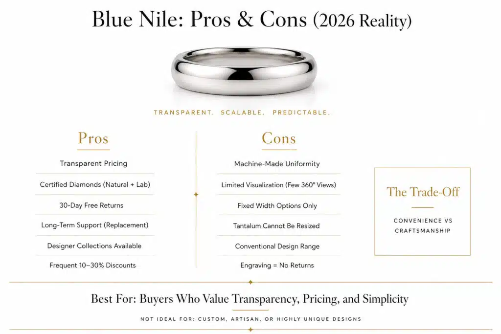 Blue Nile men’s rings review, pros and cons 2026 infographic showing transparent pricing benefits versus limitations like machine-made design and limited customization in a clean editorial layout