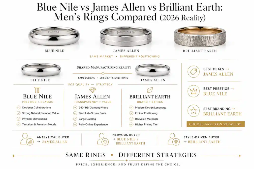 Luxury infographic comparing Blue Nile James Allen and Brilliant Earth men’s rings with pricing transparency and brand positioning analysis