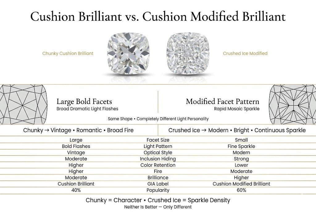 Editorial infographic comparing chunky cushion brilliant diamonds and crushed ice cushion modified diamonds with side-by-side stones, facet diagrams, and clean comparison data on a white background.
