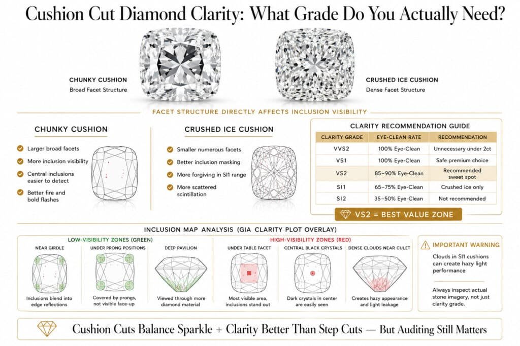 Horizontal infographic explaining cushion cut diamond clarity in 2026, comparing chunky and crushed ice cushion cuts, showing how facet structure affects inclusion visibility, with a clarity recommendation table from VVS2 to SI2 and a GIA-style inclusion map highlighting safe and risky inclusion positions.