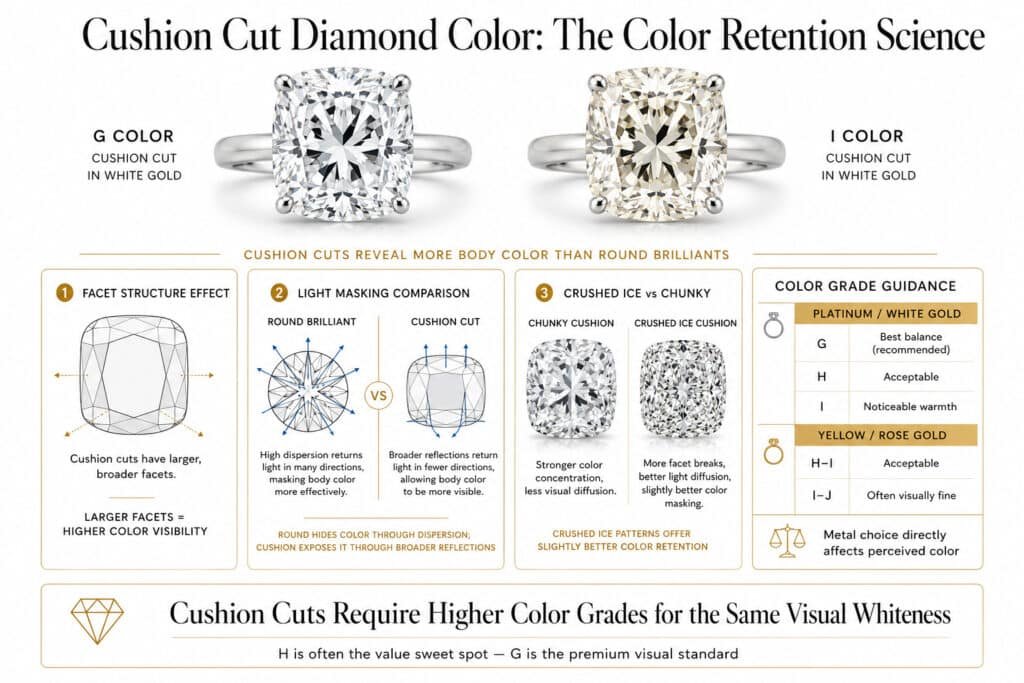 Horizontal educational infographic explaining cushion cut diamond color retention in 2026, comparing how cushion diamonds show more body color than round brilliants, with G-color and I-color cushions side-by-side and guidance on recommended color grades by metal type including platinum, white gold, yellow gold, and rose gold.