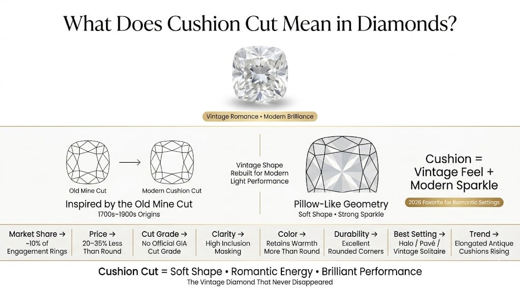Editorial infographic explaining cushion cut diamonds with a centered cushion-shaped diamond, vintage Old Mine Cut comparison, rounded-corner facet diagram, and clean 2026 market data on a white background.