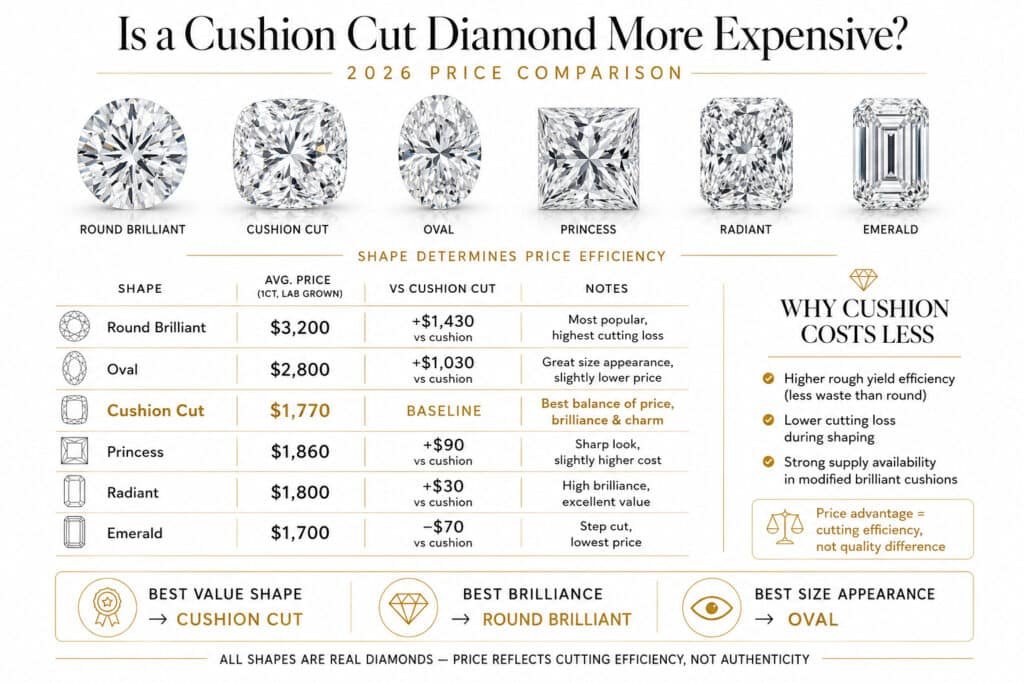 Horizontal infographic comparing 2026 diamond prices by shape on a white background, showing Round Brilliant, Cushion Cut, Oval, Princess, Radiant, and Emerald diamonds with a price comparison table highlighting Cushion Cut as the baseline value option and Round Brilliant as the most expensive.