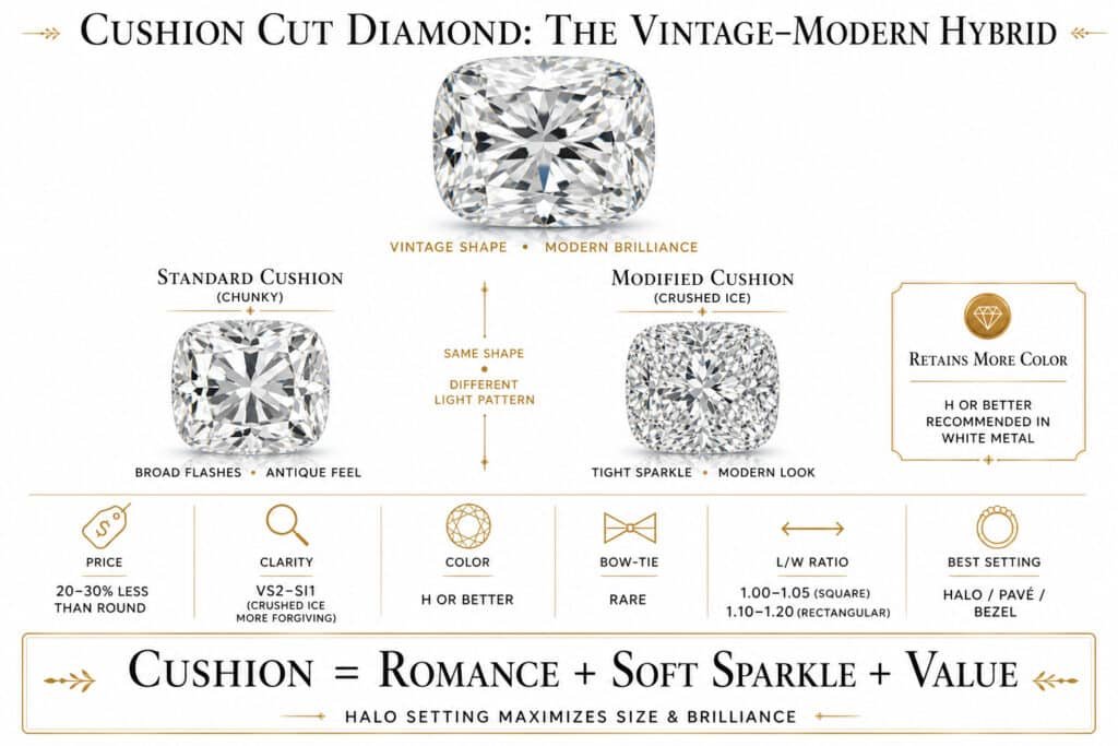 Minimal luxury infographic of a cushion cut diamond comparing chunky and crushed ice styles, highlighting its vintage aesthetic, modern sparkle, and value compared to round diamonds.