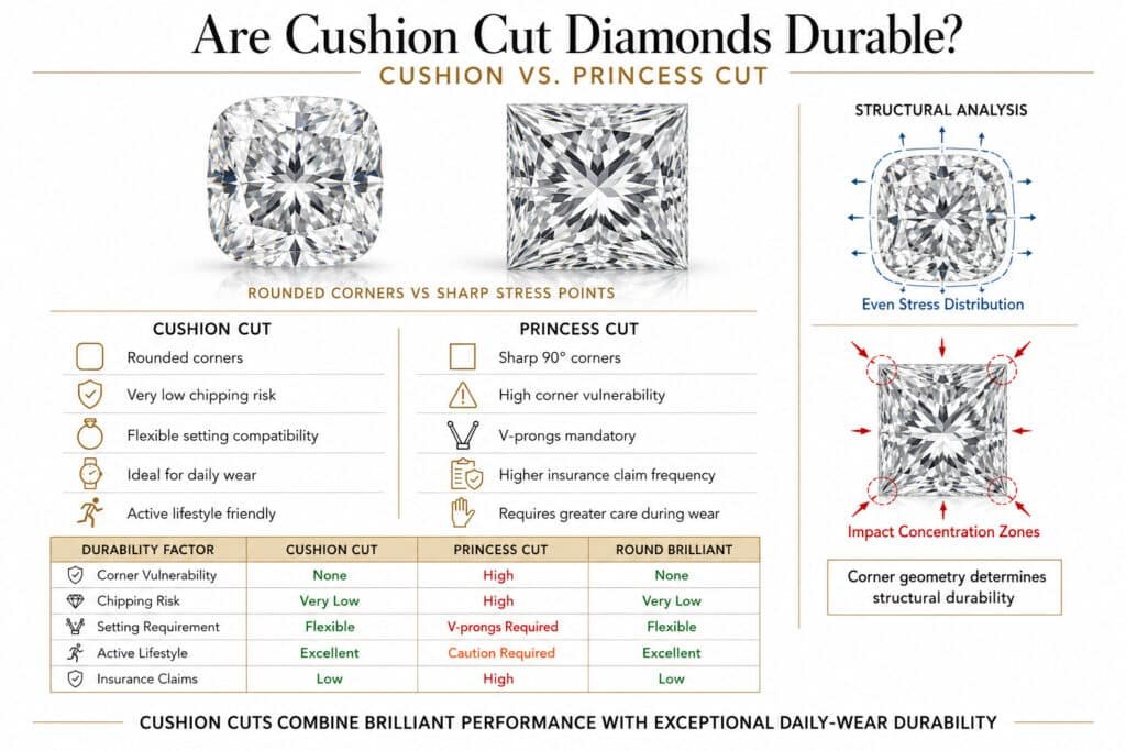Horizontal infographic comparing cushion cut and princess cut diamond durability in 2026, showing rounded cushion corners versus sharp princess corners, with structural stress diagrams, chipping risk comparison, and a durability table covering corner vulnerability, setting requirements, insurance risk, and active lifestyle suitability.