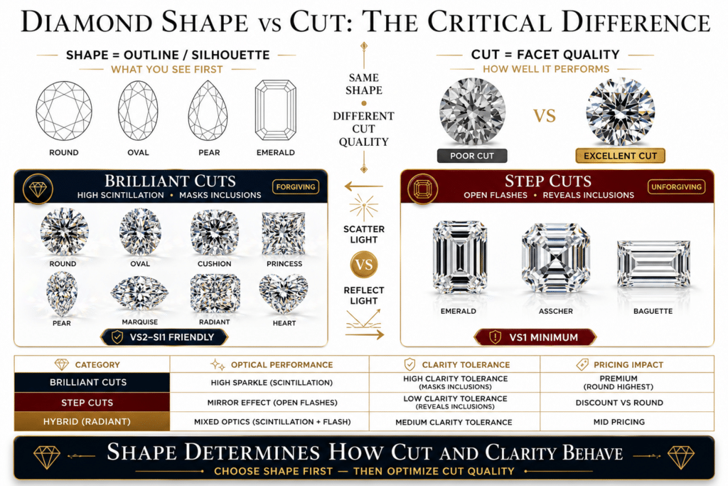 Premium infographic explaining the difference between diamond shape and cut, showing how shape defines outline while cut determines light performance, with a comparison of brilliant and step cut categories.