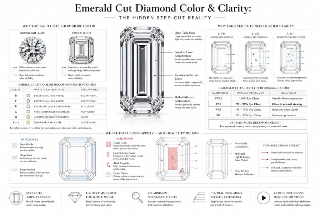 Technical editorial infographic explaining emerald cut diamond color and clarity performance, featuring a hyper-realistic emerald cut diamond, color visibility comparison with round brilliant, clarity reflection diagrams, safe and risky inclusion positions, and VS1 clarity recommendations in a clean white architectural gemology-style layout.