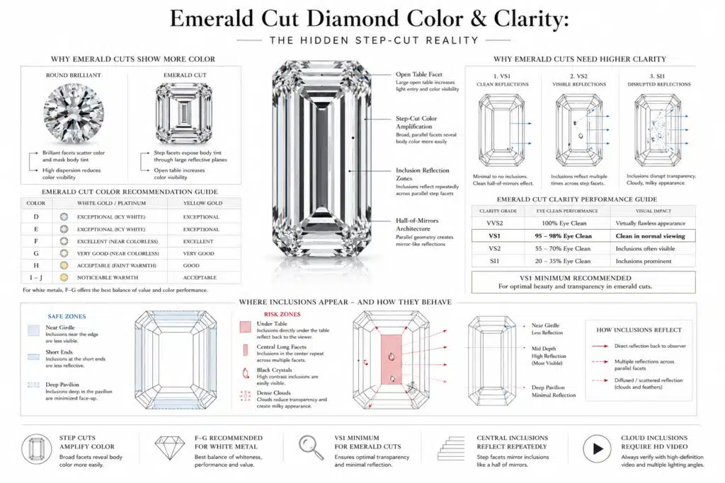Technical editorial infographic explaining emerald cut diamond color and clarity performance, featuring a hyper-realistic emerald cut diamond, color visibility comparison with round brilliant, clarity reflection diagrams, safe and risky inclusion positions, and VS1 clarity recommendations in a clean white architectural gemology-style layout.