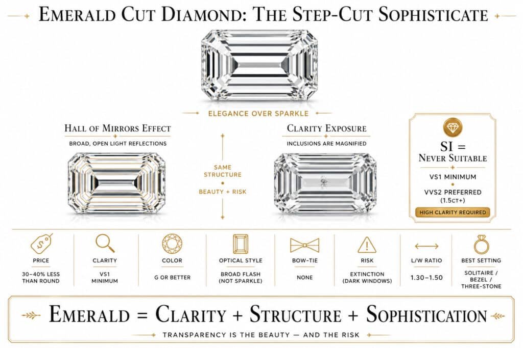 Minimal luxury infographic of an emerald cut diamond showing its hall-of-mirrors effect, high clarity requirements, and elegant step-cut structure with a clean editorial design.