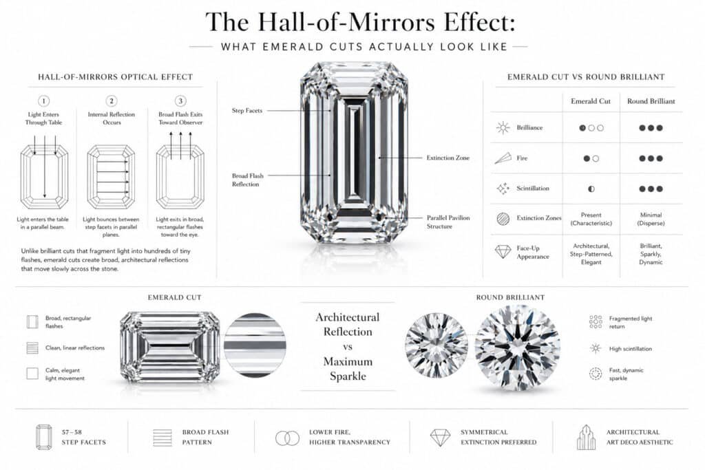 Technical editorial infographic explaining the hall-of-mirrors effect in emerald cut diamonds, featuring a hyper-realistic emerald cut stone, step facet reflection diagrams, extinction zone visualization, and comparison between emerald cut and round brilliant optical performance on a clean white architectural layout.