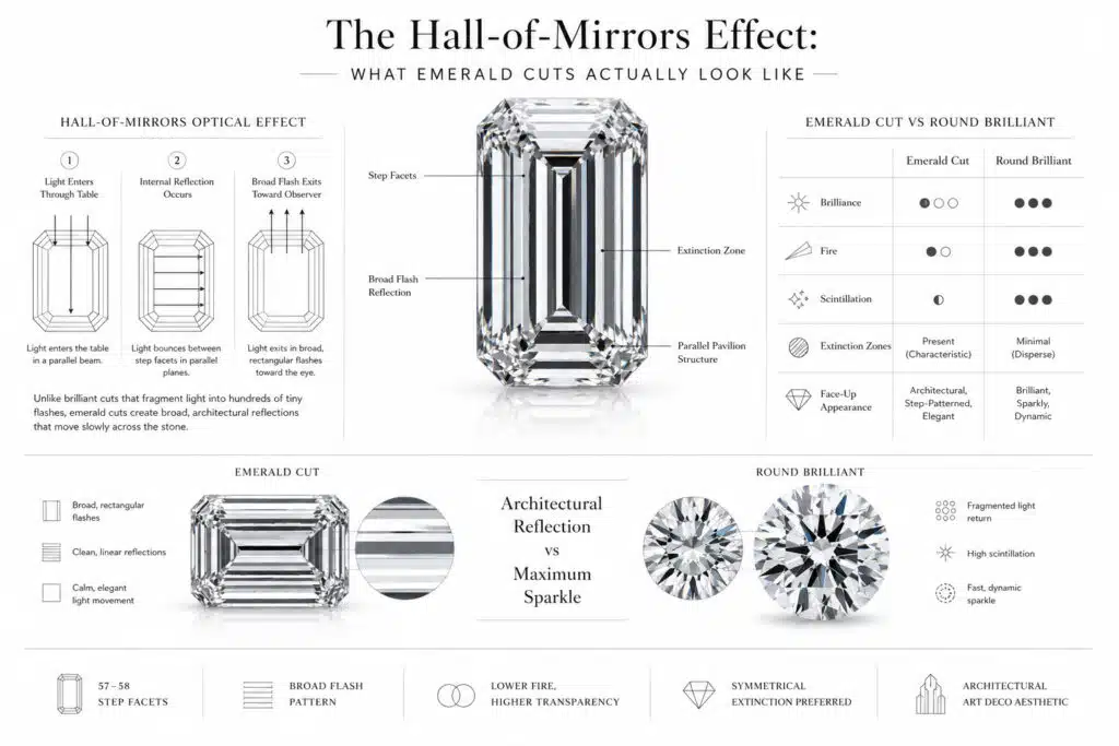 Technical editorial infographic explaining the hall-of-mirrors effect in emerald cut diamonds, featuring a hyper-realistic emerald cut stone, step facet reflection diagrams, extinction zone visualization, and comparison between emerald cut and round brilliant optical performance on a clean white architectural layout.