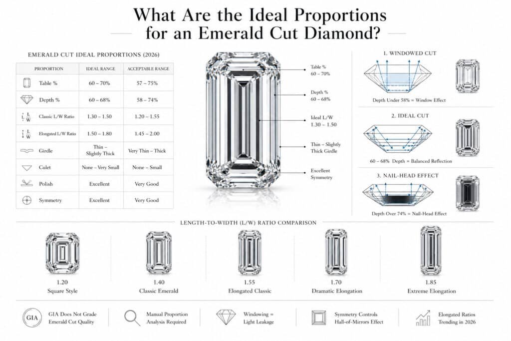 Technical editorial infographic explaining ideal emerald cut diamond proportions, featuring a hyper-realistic emerald cut diamond, proportion tables, windowing and nail-head effect diagrams, and length-to-width ratio comparisons in a clean white architectural gemology-style layout.