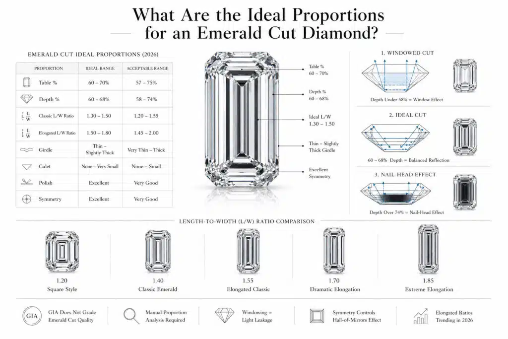Technical editorial infographic explaining ideal emerald cut diamond proportions, featuring a hyper-realistic emerald cut diamond, proportion tables, windowing and nail-head effect diagrams, and length-to-width ratio comparisons in a clean white architectural gemology-style layout.