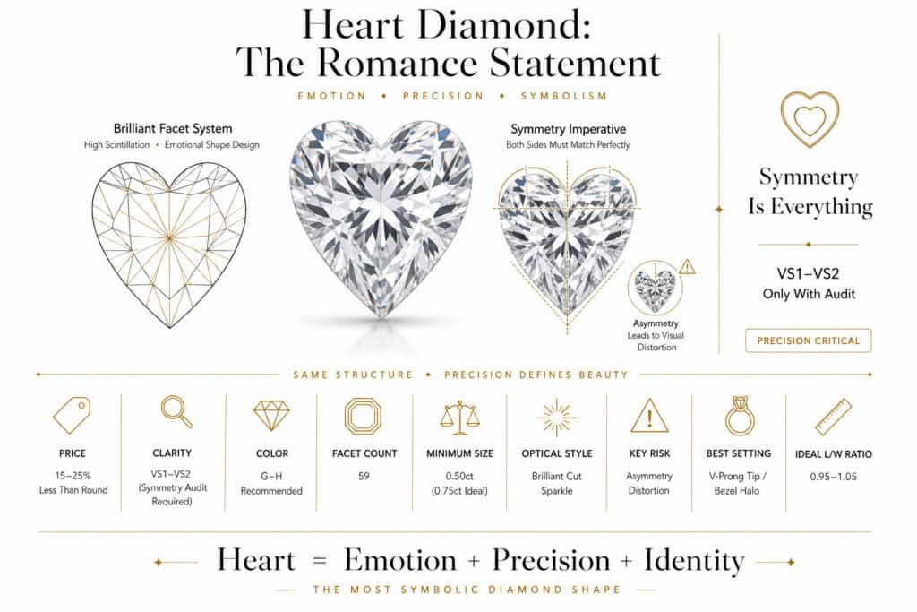 Heart shaped diamond infographic showing symmetrical brilliant cut design with cleft and lobes in luxury editorial style on white background