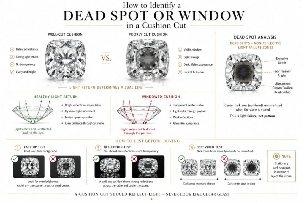 Horizontal infographic explaining how to identify dead spots and windowing in cushion cut diamonds, comparing a well-cut cushion with strong light return against a poorly cut windowed cushion with transparency and dark nail-head zones, including diagrams showing light leakage and a three-step inspection checklist.