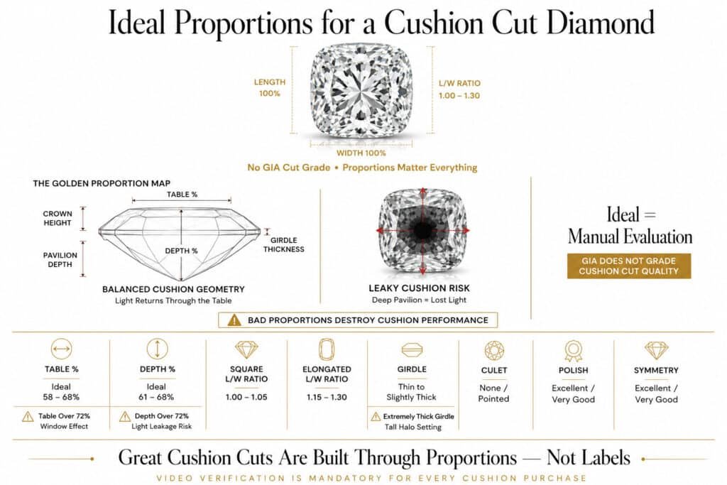 Editorial infographic showing ideal cushion cut diamond proportions with side-view geometry diagrams, light leakage comparison, and a clean 2026 proportion table on a white background.