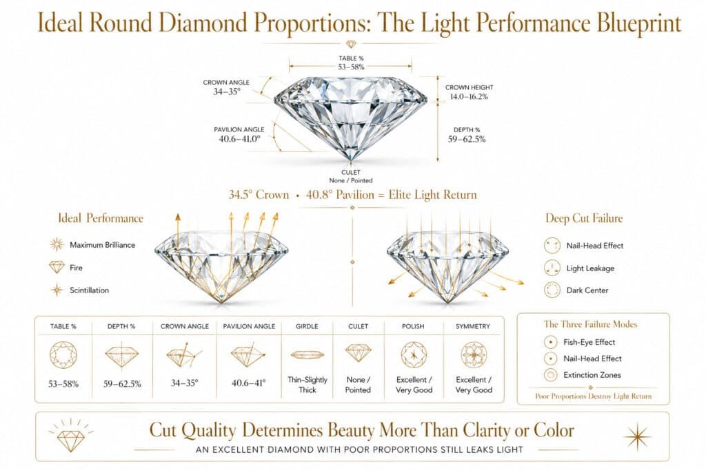 Luxury horizontal infographic showing ideal round brilliant diamond proportions including crown angle pavilion angle table depth and light performance blueprint with white background and gold accents