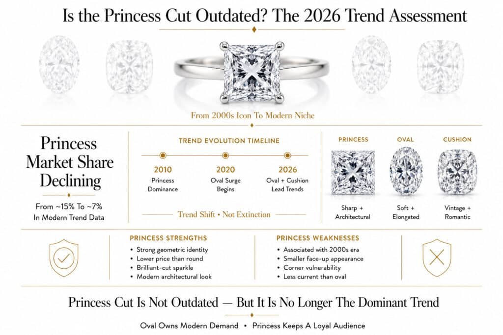 Horizontal editorial infographic analyzing whether princess cut diamonds are outdated in 2026, featuring trend timelines, market share comparison, princess versus oval and cushion silhouettes, and minimalist gold-accented design on a pure white background.