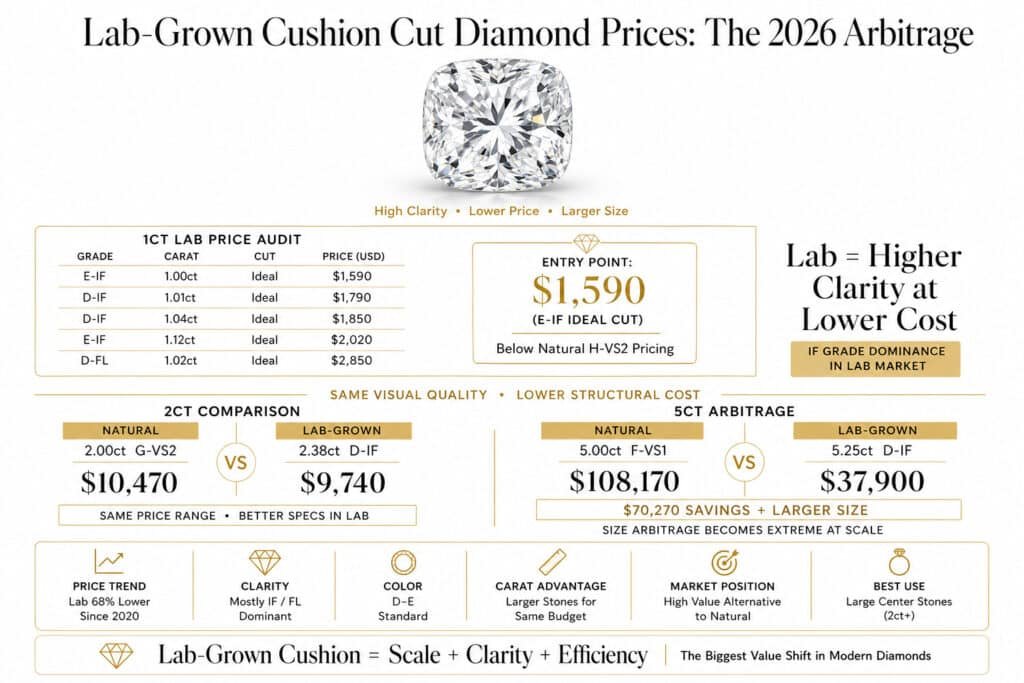 Editorial infographic showing 2026 lab-grown cushion cut diamond prices with 1ct to 5ct price breakdowns, comparison to natural diamonds, and large-scale cost arbitrage on a white background.