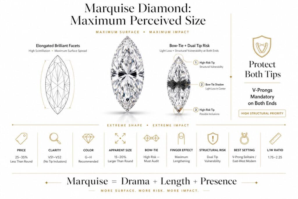 Marquise cut diamond infographic showing elongated shape with dual tip vulnerability and bow-tie effect in luxury editorial style on white background