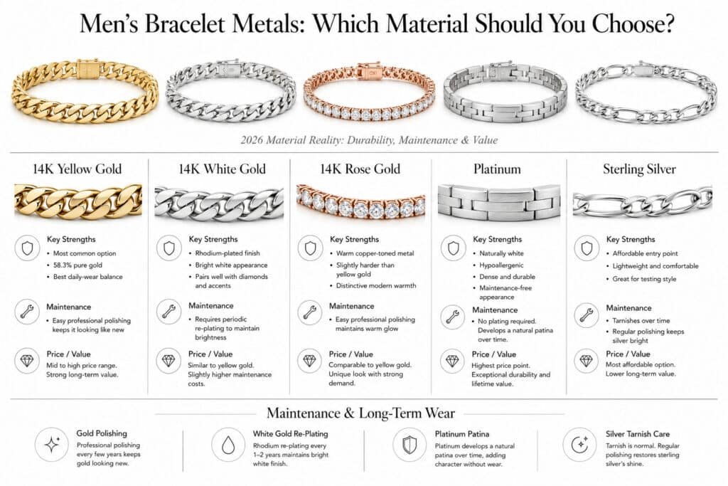 Wide horizontal editorial infographic on a pure white background comparing men’s bracelet metals including 14K yellow gold, 14K white gold, 14K rose gold, platinum, and sterling silver. The design features realistic Cuban link chains, tennis bracelets, platinum bracelets, and silver Figaro bracelets arranged in a modern masculine jewelry-editorial layout with subtle shadows, thin divider lines, and clean typography. Sections explain durability, maintenance, rhodium plating, polishing, tarnish resistance, and long-term wear characteristics. Premium minimal aesthetic without floral or ornate decorative styling.