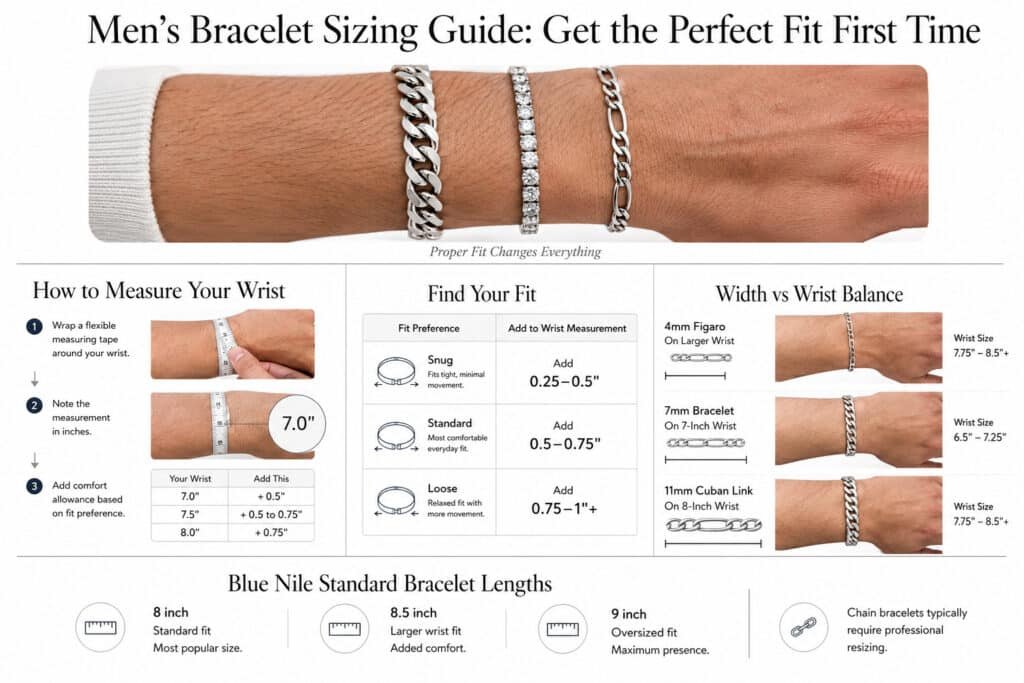 Wide horizontal editorial infographic on a pure white background explaining how to measure and choose the correct men’s bracelet size. The design features realistic masculine wrists wearing Cuban link, tennis, and Figaro bracelets alongside sizing charts, measuring tape visuals, bracelet width comparisons, and comfort-fit guidance. Clean jewelry-editorial layout with thin divider lines, subtle shadows, minimal typography, and strong negative space. Modern premium aesthetic without floral or ornate decorative styling.