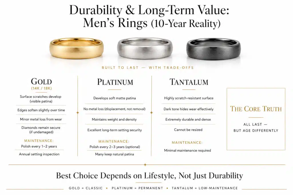 Men’s ring durability comparison infographic showing gold, platinum, and tantalum wear over 10 years including scratches patina maintenance and long term performance in a clean editorial layout