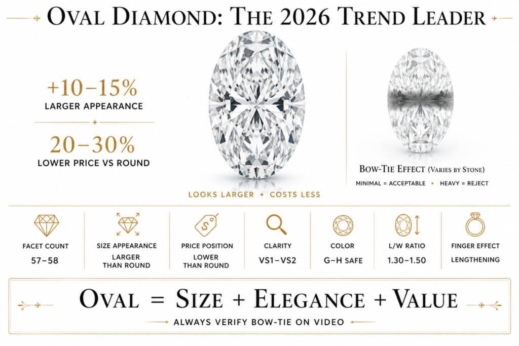 Minimal luxury infographic of an oval diamond showing its larger appearance, lower price compared to round, and highlighting the bow-tie effect with a clean editorial design.