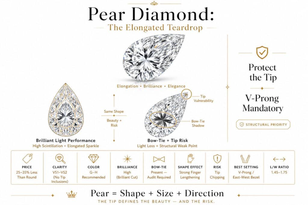 Pear shaped diamond infographic showing elongated brilliance with bow tie effect and tip chipping risk in luxury editorial style