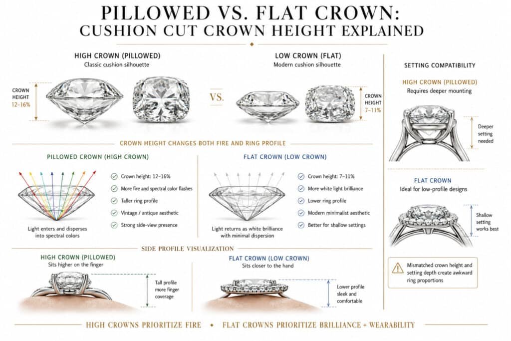 Horizontal infographic comparing pillowed high-crown and flat low-crown cushion cut diamonds, showing differences in crown height, fire versus brilliance performance, ring side profile, and ideal setting compatibility including bezel, prong, and pavé halo settings.