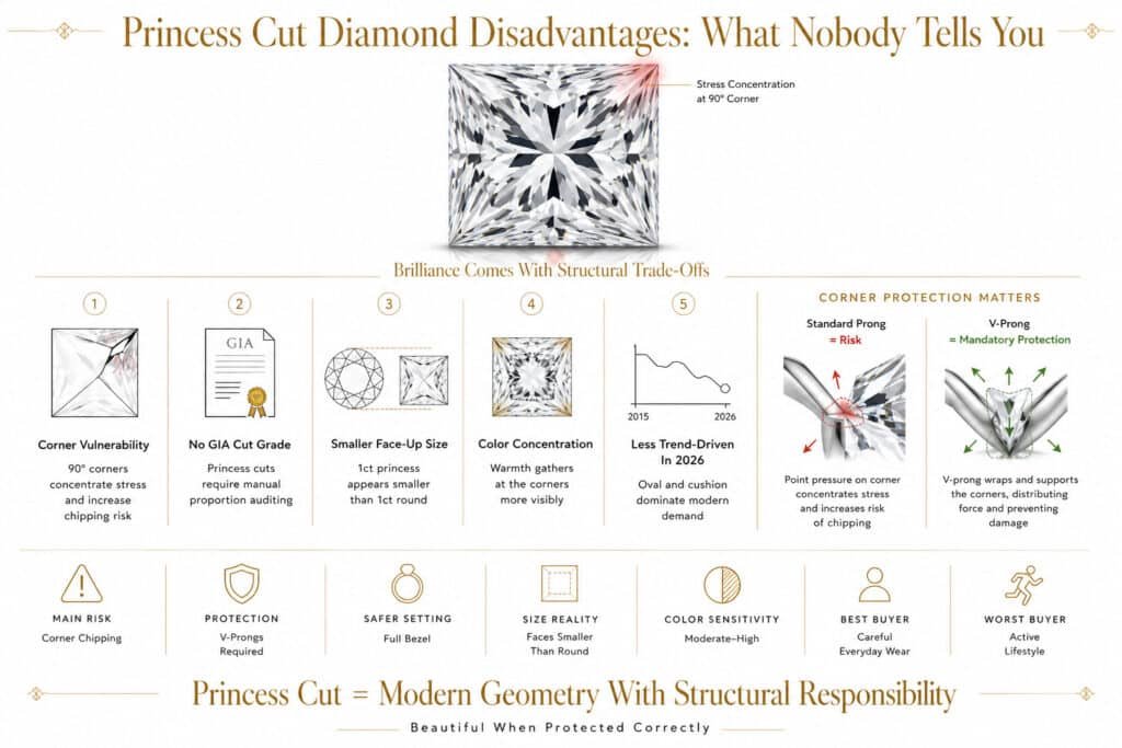 Horizontal editorial infographic explaining princess cut diamond disadvantages with corner vulnerability diagrams, V-prong protection comparison, technical risk cards, and minimalist gold-accented layout on a pure white background.
