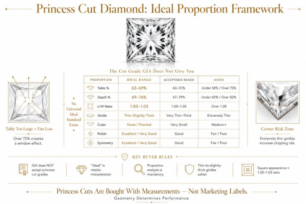 Ultra-luxury editorial infographic explaining ideal princess cut diamond proportions, including table percentage, depth, girdle safety, and structural corner risks on a clean white background with refined gold accents.