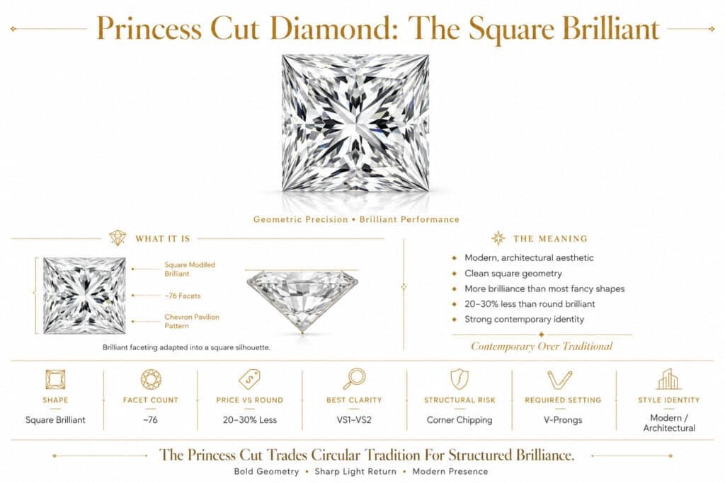 Ultra-luxury editorial infographic explaining the princess cut diamond with square brilliant geometry, architectural sparkle, pointed corners, and modern styling on a clean white background with refined gold accents.